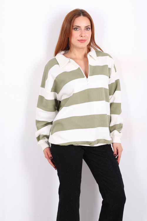 Çizgili Oversize Fermuar Yakalı Yeşil Kadın Sweat - 3