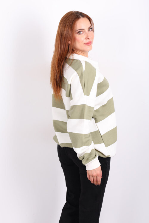 Çizgili Oversize Fermuar Yakalı Yeşil Kadın Sweat - 5