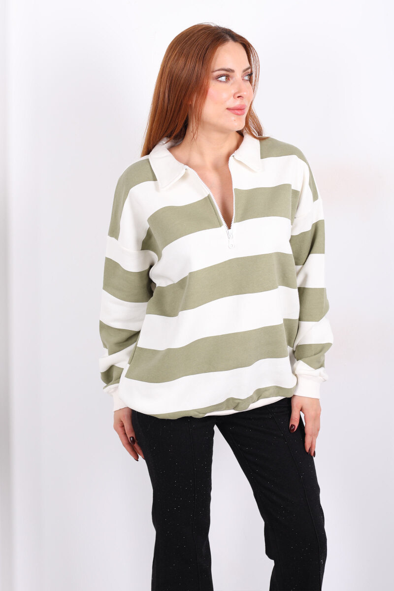 Çizgili Oversize Fermuar Yakalı Yeşil Kadın Sweat - 4