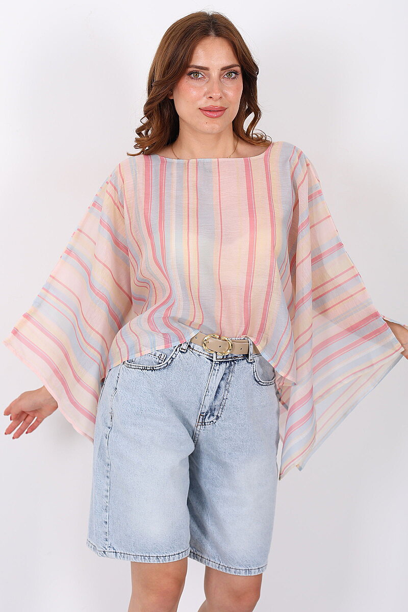 Çizgili Pembe Kadın Pelerin Bluz - 6