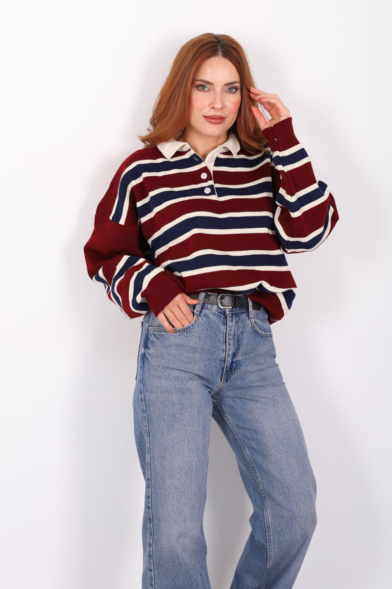 Çizgili Polo Yaka Bordo Kadın Triko Kazak - 3