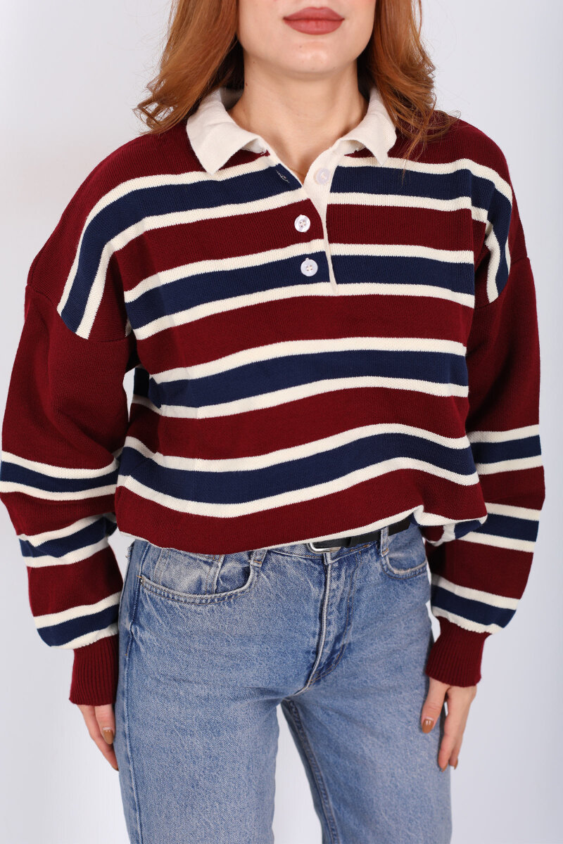 Çizgili Polo Yaka Bordo Kadın Triko Kazak - 2