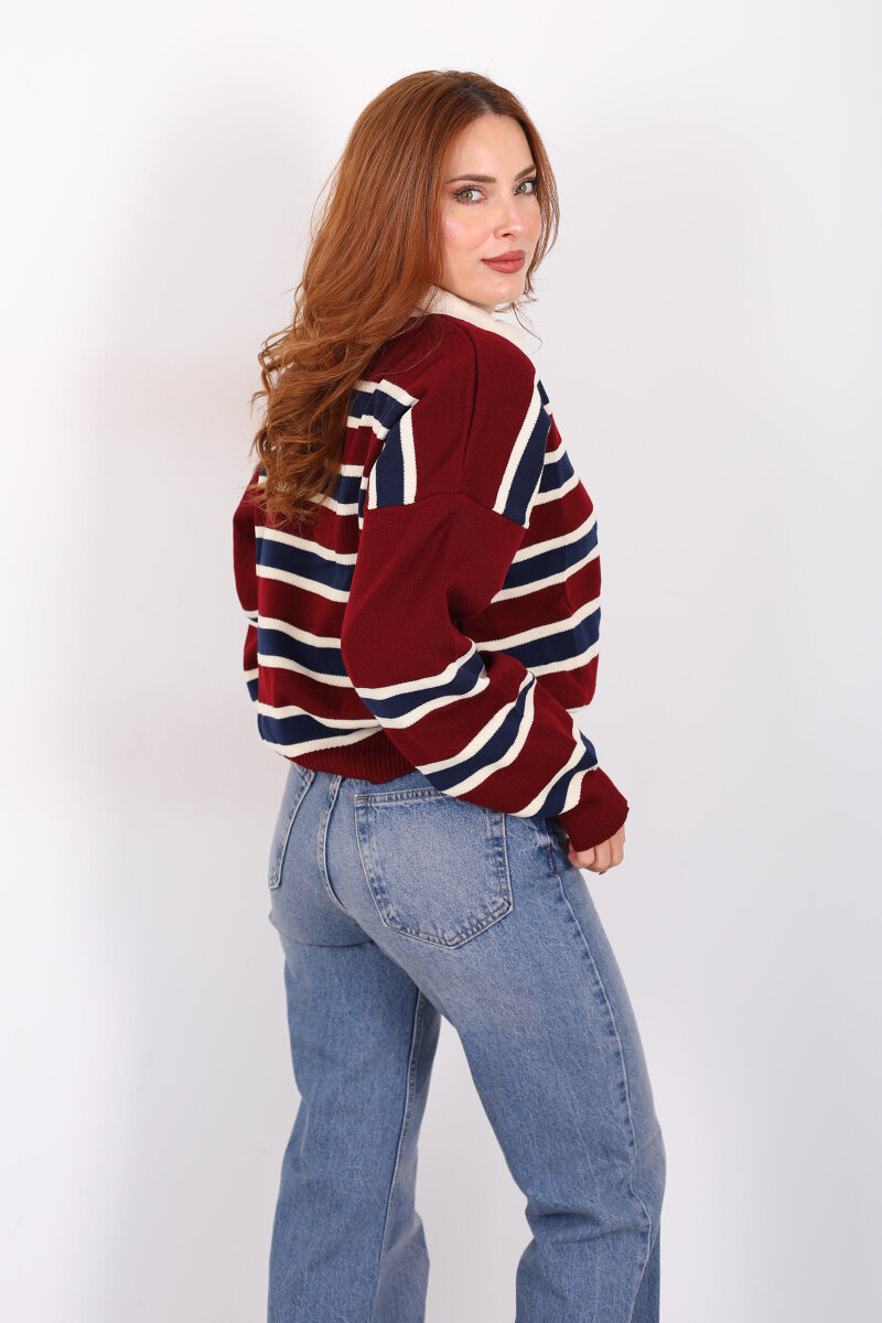 Çizgili Polo Yaka Bordo Kadın Triko Kazak - 5