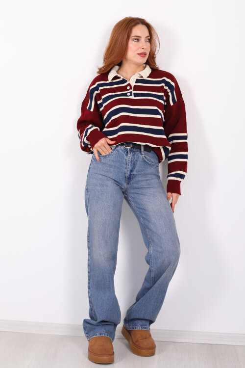 Çizgili Polo Yaka Bordo Kadın Triko Kazak - 4