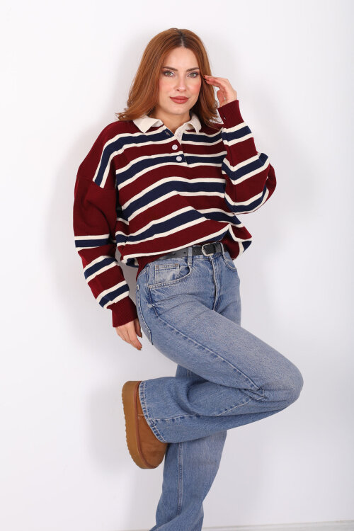Çizgili Polo Yaka Bordo Kadın Triko Kazak - Berox