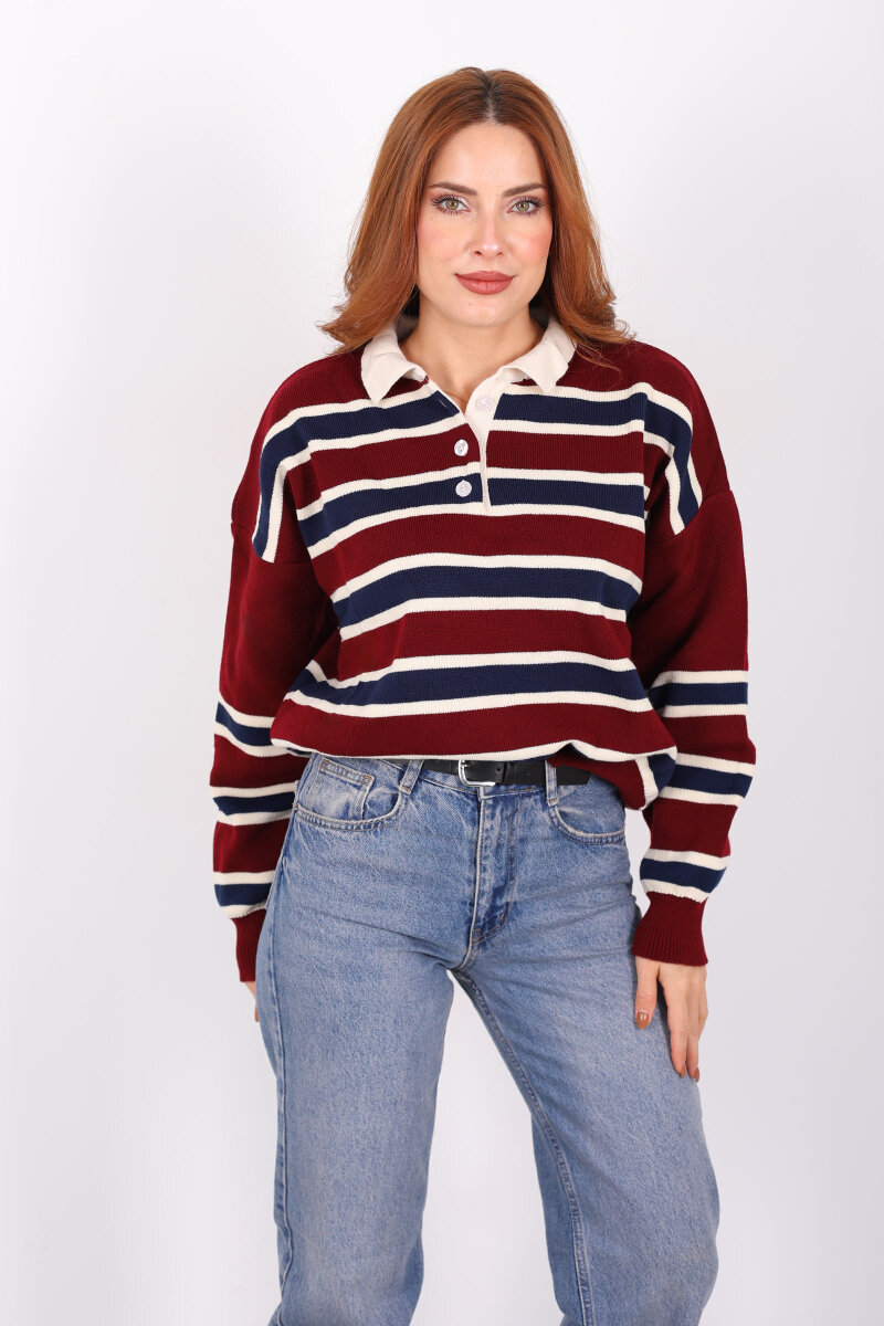 Çizgili Polo Yaka Bordo Kadın Triko Kazak - 6