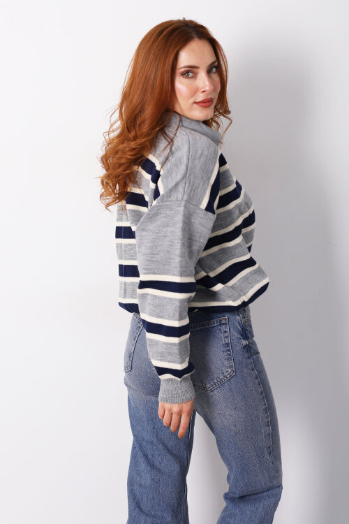 Çizgili Polo Yaka Gri Kadın Triko Kazak - 5