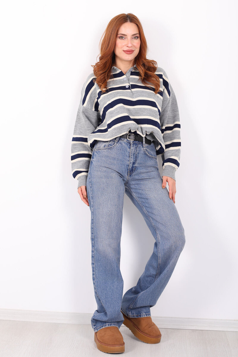 Çizgili Polo Yaka Gri Kadın Triko Kazak - 6