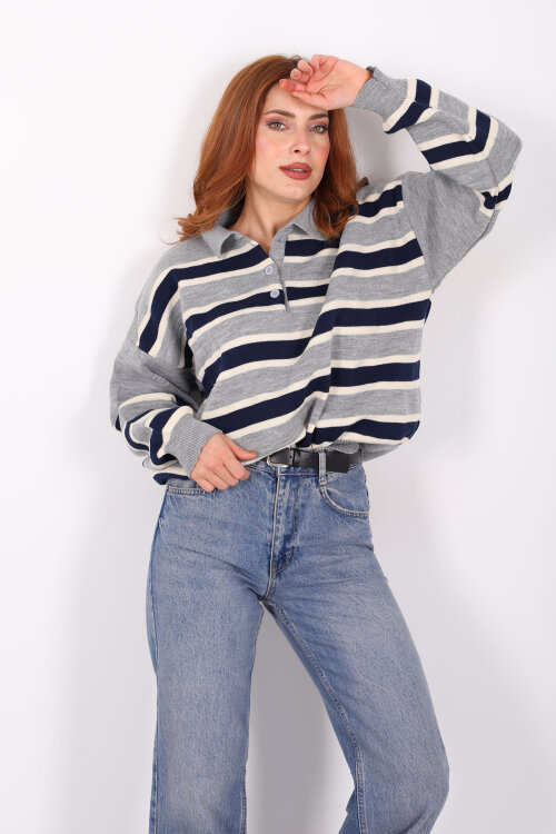 Çizgili Polo Yaka Gri Kadın Triko Kazak - Berox