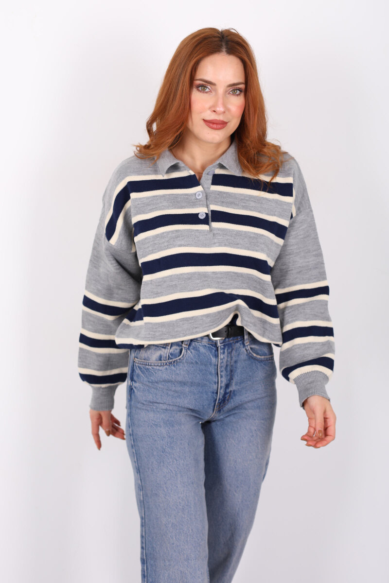 Çizgili Polo Yaka Gri Kadın Triko Kazak - 4