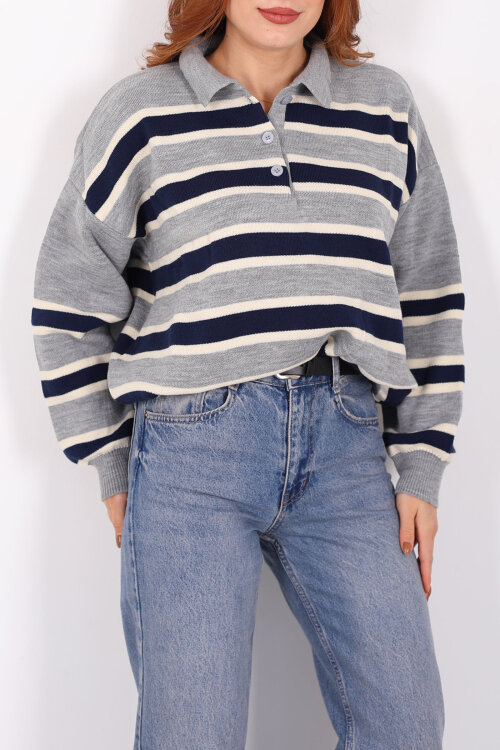 Çizgili Polo Yaka Gri Kadın Triko Kazak - Berox (1)