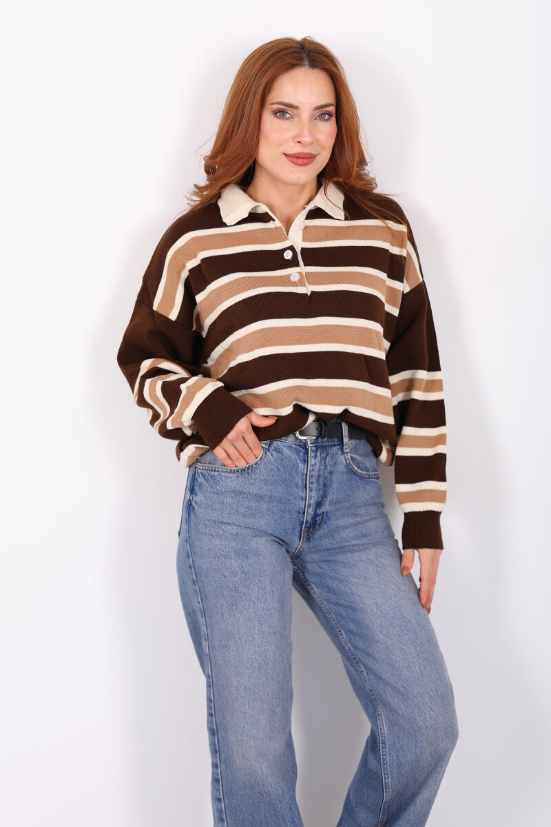 Çizgili Polo Yaka Kahverengi Kadın Triko Kazak - 1