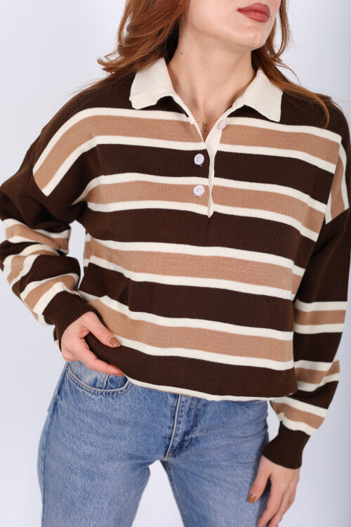Çizgili Polo Yaka Kahverengi Kadın Triko Kazak - Berox (1)