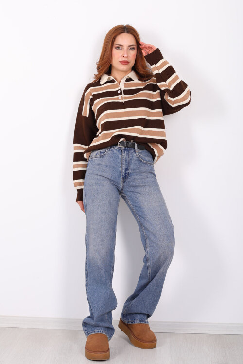 Çizgili Polo Yaka Kahverengi Kadın Triko Kazak - 3
