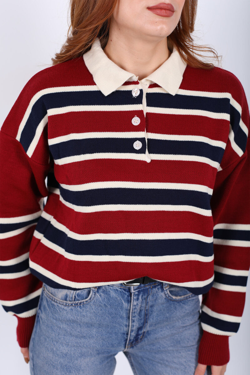 Çizgili Polo Yaka Kırmızı Kadın Triko Kazak - 2
