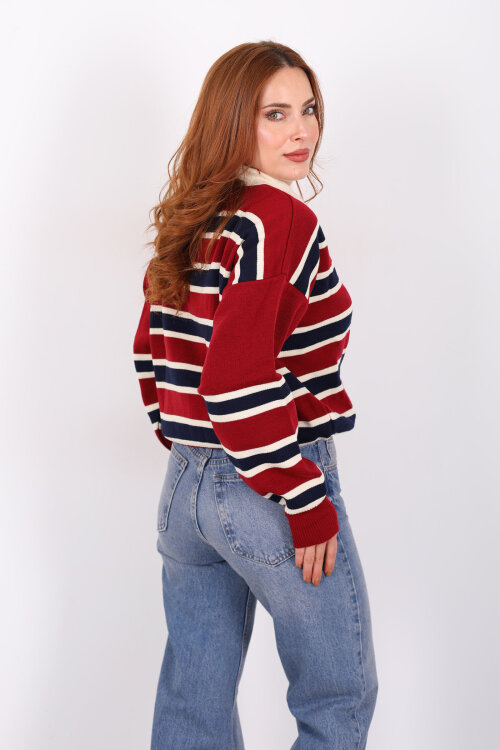 Çizgili Polo Yaka Kırmızı Kadın Triko Kazak - 5