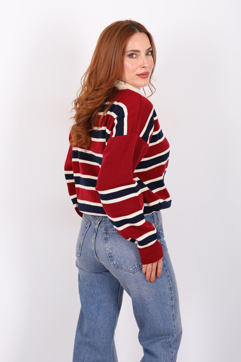 Çizgili Polo Yaka Kırmızı Kadın Triko Kazak - 5