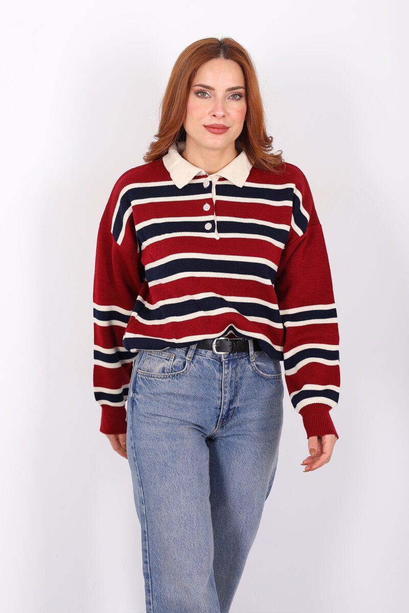 Çizgili Polo Yaka Kırmızı Kadın Triko Kazak - 4