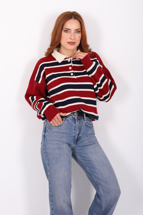 Çizgili Polo Yaka Kırmızı Kadın Triko Kazak - Berox
