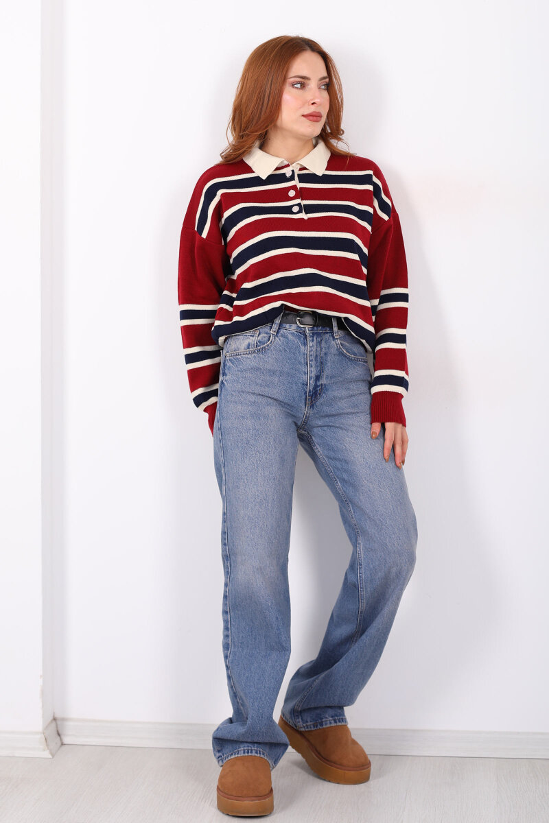 Çizgili Polo Yaka Kırmızı Kadın Triko Kazak - 6