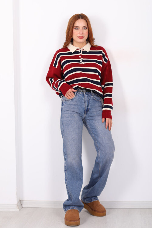 Çizgili Polo Yaka Kırmızı Kadın Triko Kazak - 3