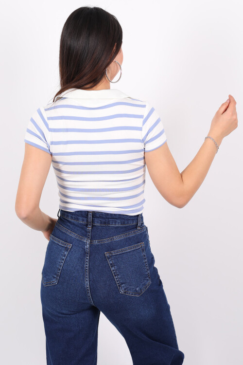 Çizgili Polo Yaka Kısa Kol Bebe Mavisi Kadın Body - 2