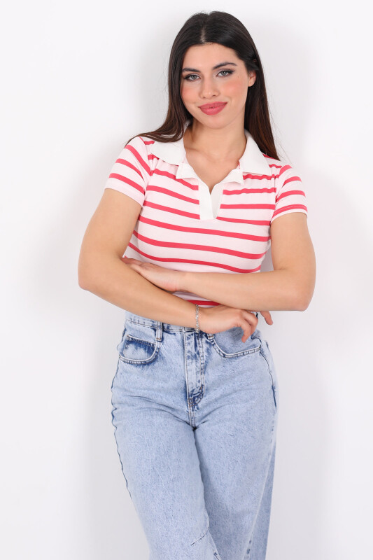 Çizgili Polo Yaka Kısa Kol Kırmızı Kadın Body - 4