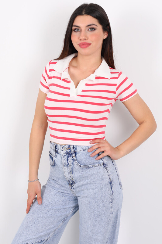 Çizgili Polo Yaka Kısa Kol Kırmızı Kadın Body - 3