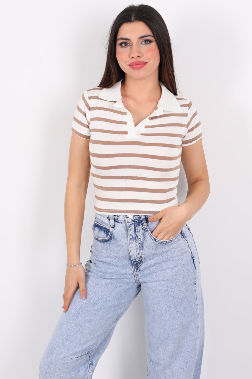 Çizgili Polo Yaka Kısa Kol Vizon Kadın Body - 3