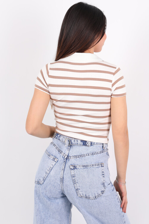 Çizgili Polo Yaka Kısa Kol Vizon Kadın Body - 2