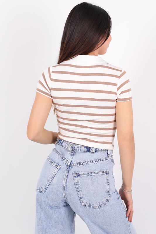 Çizgili Polo Yaka Kısa Kol Vizon Kadın Body - 2