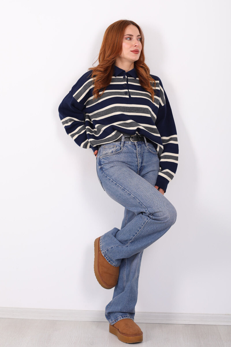 Çizgili Polo Yaka Lacivert Kadın Triko Kazak - 3