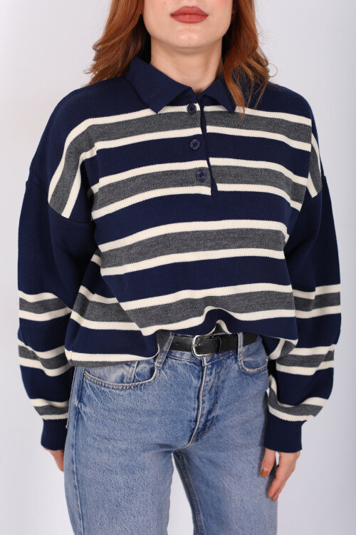 Çizgili Polo Yaka Lacivert Kadın Triko Kazak - Berox (1)