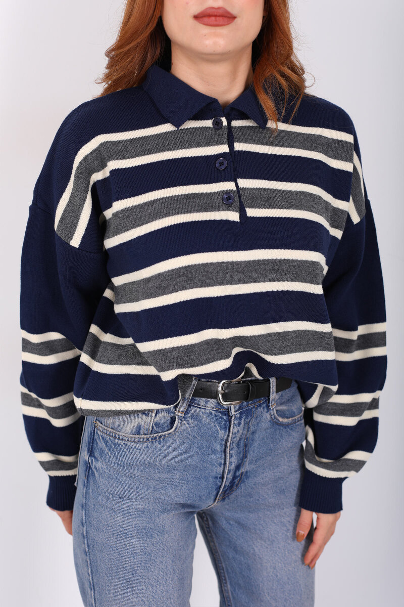Çizgili Polo Yaka Lacivert Kadın Triko Kazak - 2