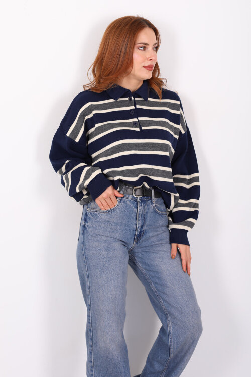 Çizgili Polo Yaka Lacivert Kadın Triko Kazak - Berox