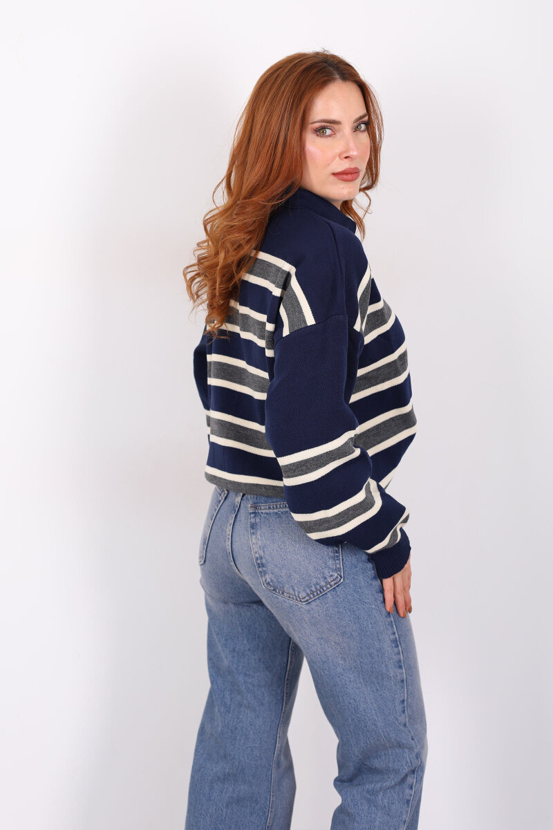 Çizgili Polo Yaka Lacivert Kadın Triko Kazak - 5