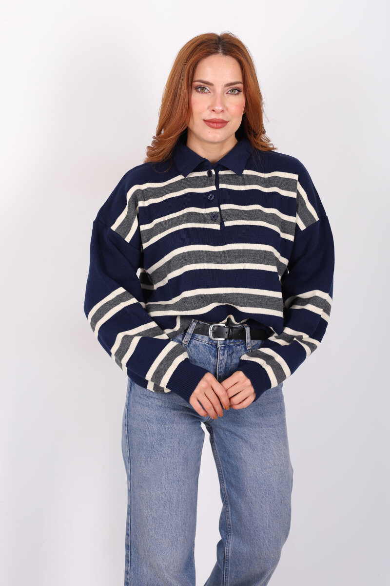 Çizgili Polo Yaka Lacivert Kadın Triko Kazak - 4