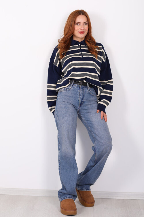 Çizgili Polo Yaka Lacivert Kadın Triko Kazak - 6
