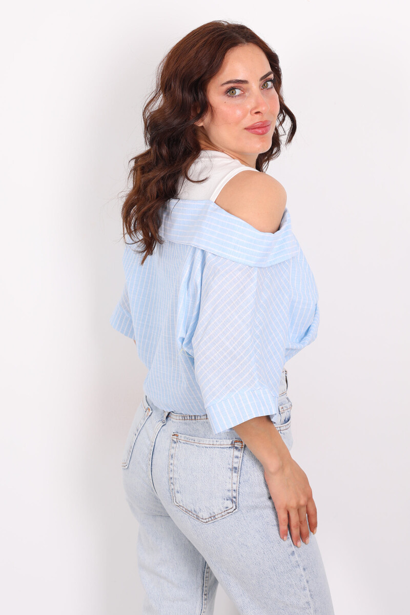 Çizgili Poplin Detaylı Önü Düğümlü Mavi Kadın Bluz - 4