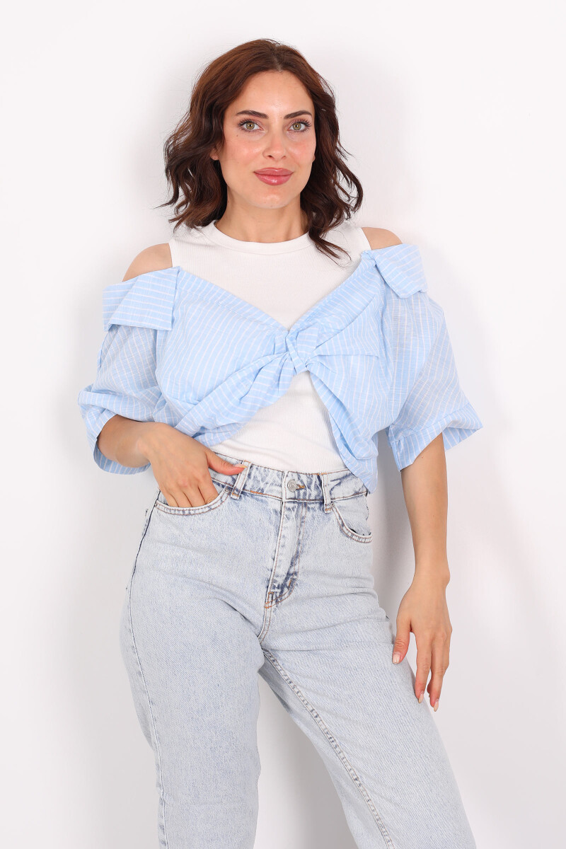 Çizgili Poplin Detaylı Önü Düğümlü Mavi Kadın Bluz - 1