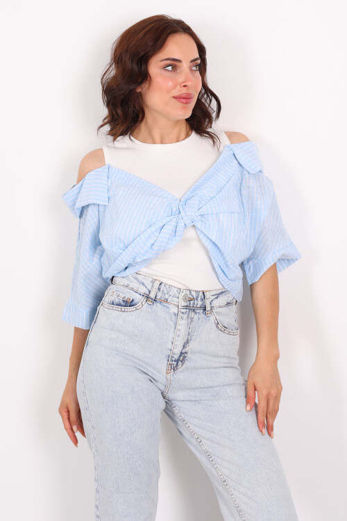 Çizgili Poplin Detaylı Önü Düğümlü Mavi Kadın Bluz - 3