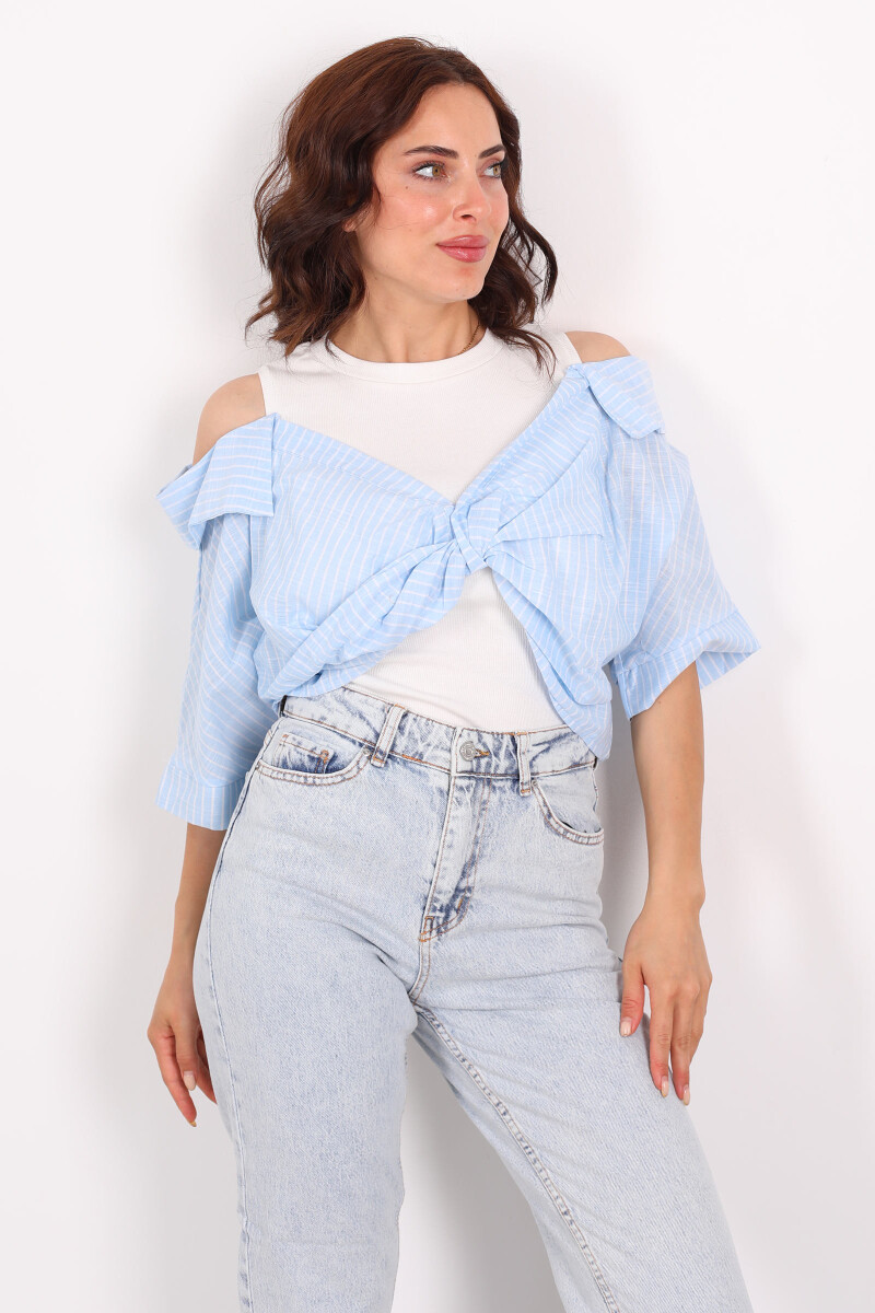 Çizgili Poplin Detaylı Önü Düğümlü Mavi Kadın Bluz - 3