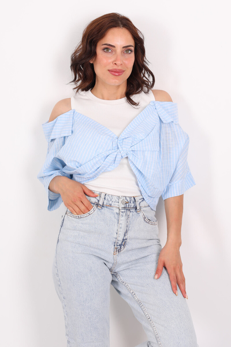 Çizgili Poplin Detaylı Önü Düğümlü Mavi Kadın Bluz - 5