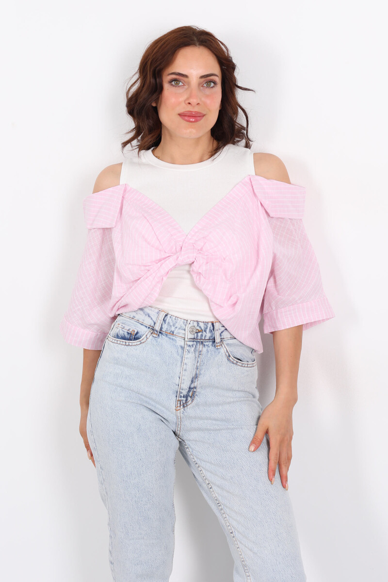 Çizgili Poplin Detaylı Önü Düğümlü Pembe Kadın Bluz - 3