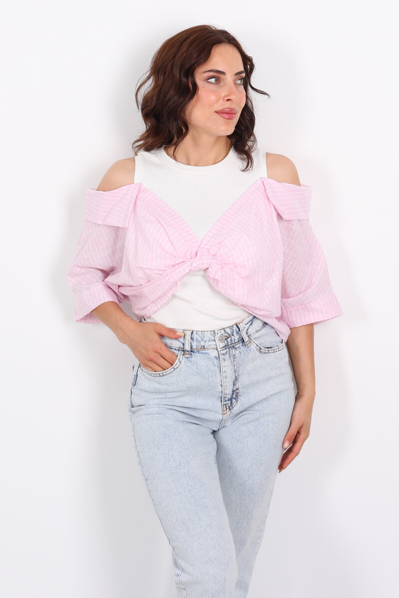 Çizgili Poplin Detaylı Önü Düğümlü Pembe Kadın Bluz - 5