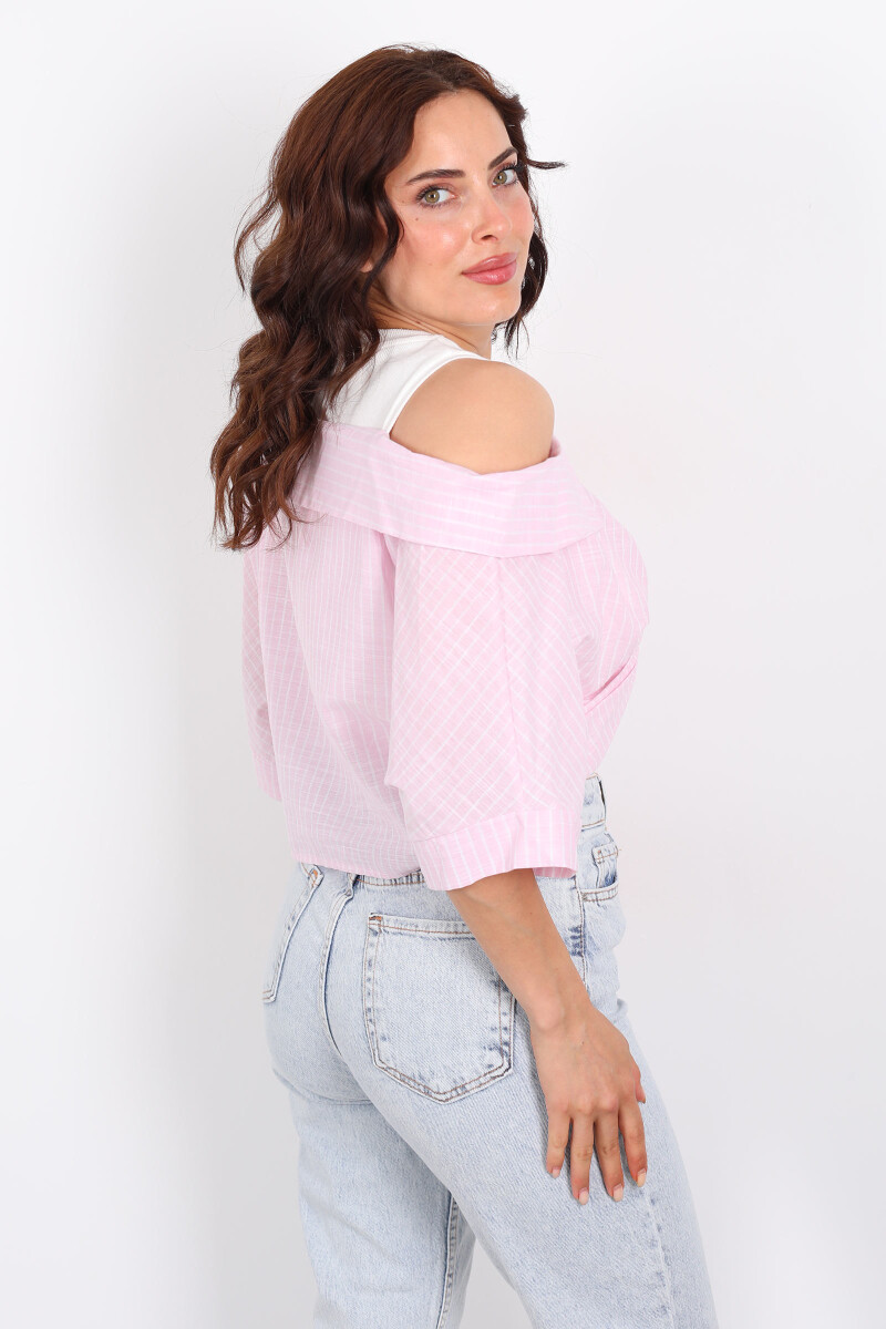 Çizgili Poplin Detaylı Önü Düğümlü Pembe Kadın Bluz - 4