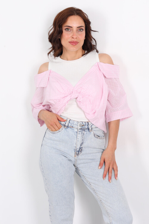 Çizgili Poplin Detaylı Önü Düğümlü Pembe Kadın Bluz 