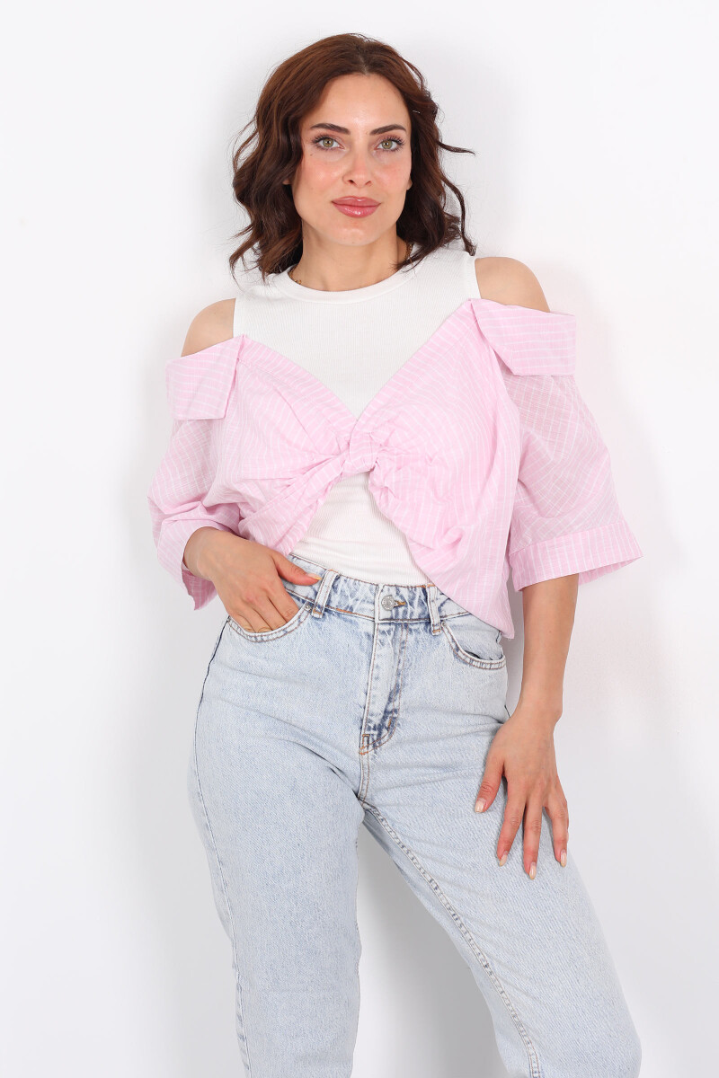 Çizgili Poplin Detaylı Önü Düğümlü Pembe Kadın Bluz - 1