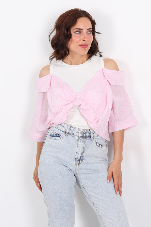 Çizgili Poplin Detaylı Önü Düğümlü Pembe Kadın Bluz - 6