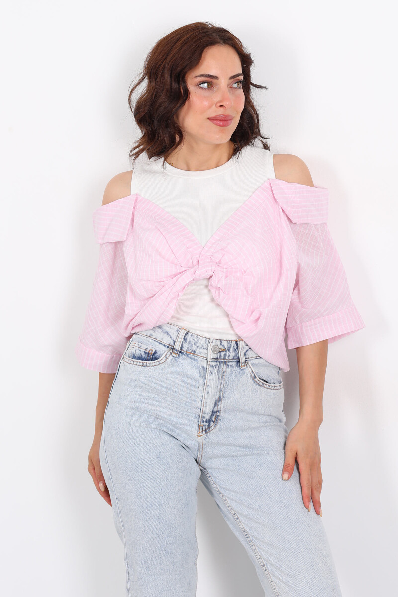 Çizgili Poplin Detaylı Önü Düğümlü Pembe Kadın Bluz - 6